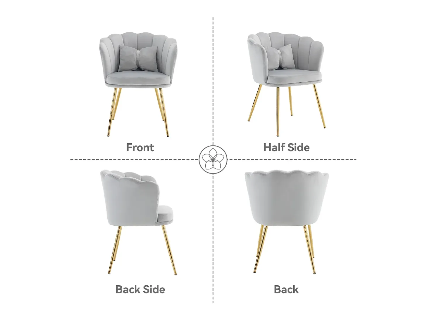 1 Silla de terciopelo - con respaldo en forma de pétalo - patas de metal dorado - Gris