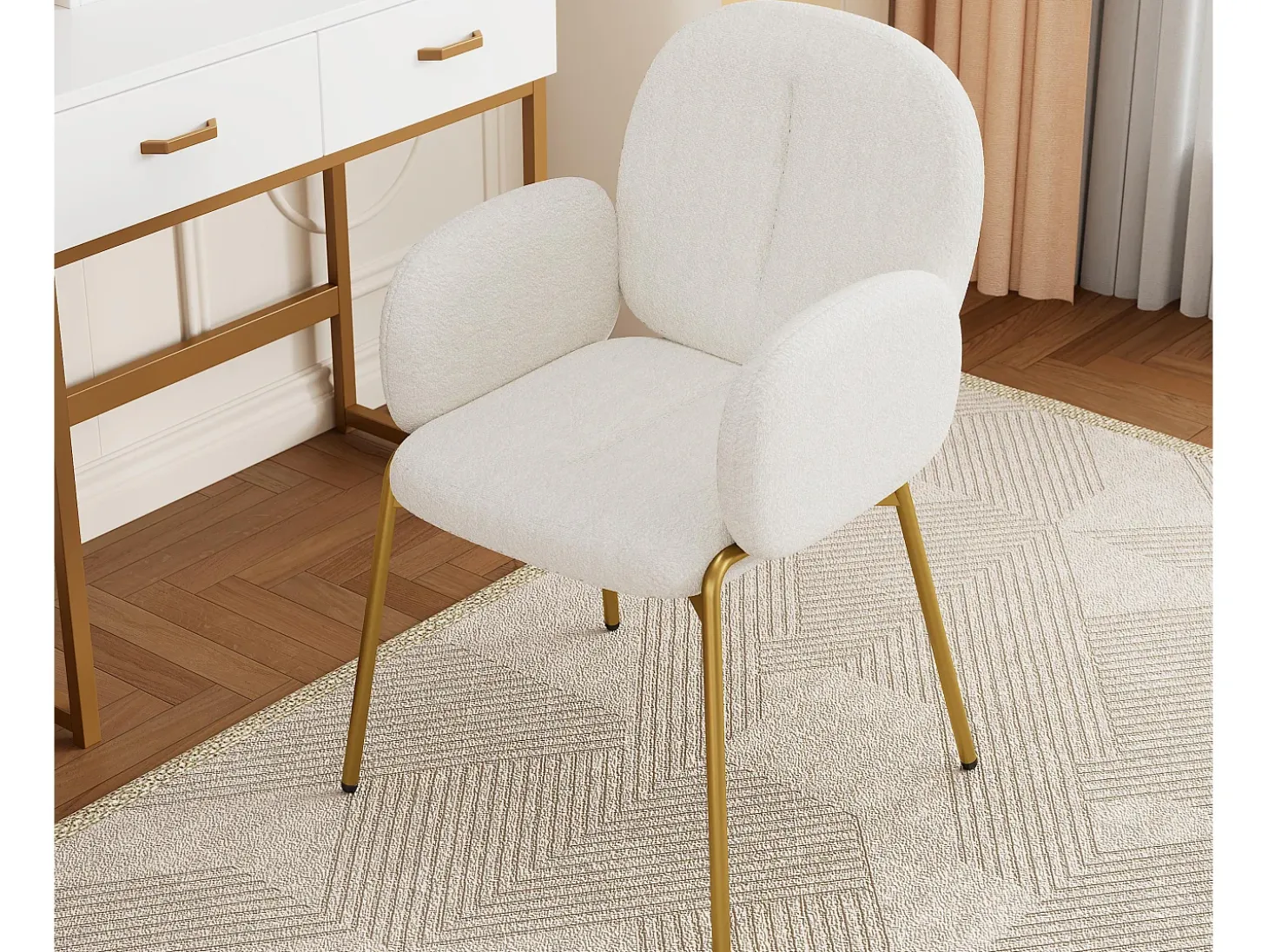 1 Silla en felpa - patas de metal dorado - silla de tocador - silla de comedor - Beige