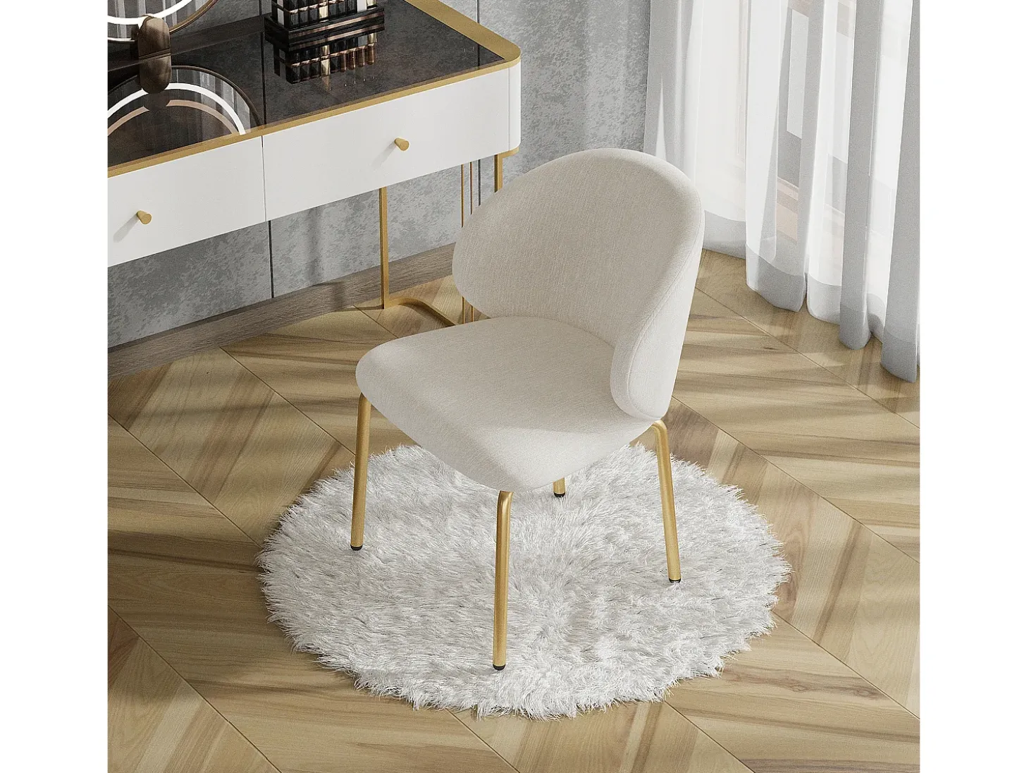1 Silla en tela chenille - patas de metal dorado - silla de tocador - silla de comedor - Beige