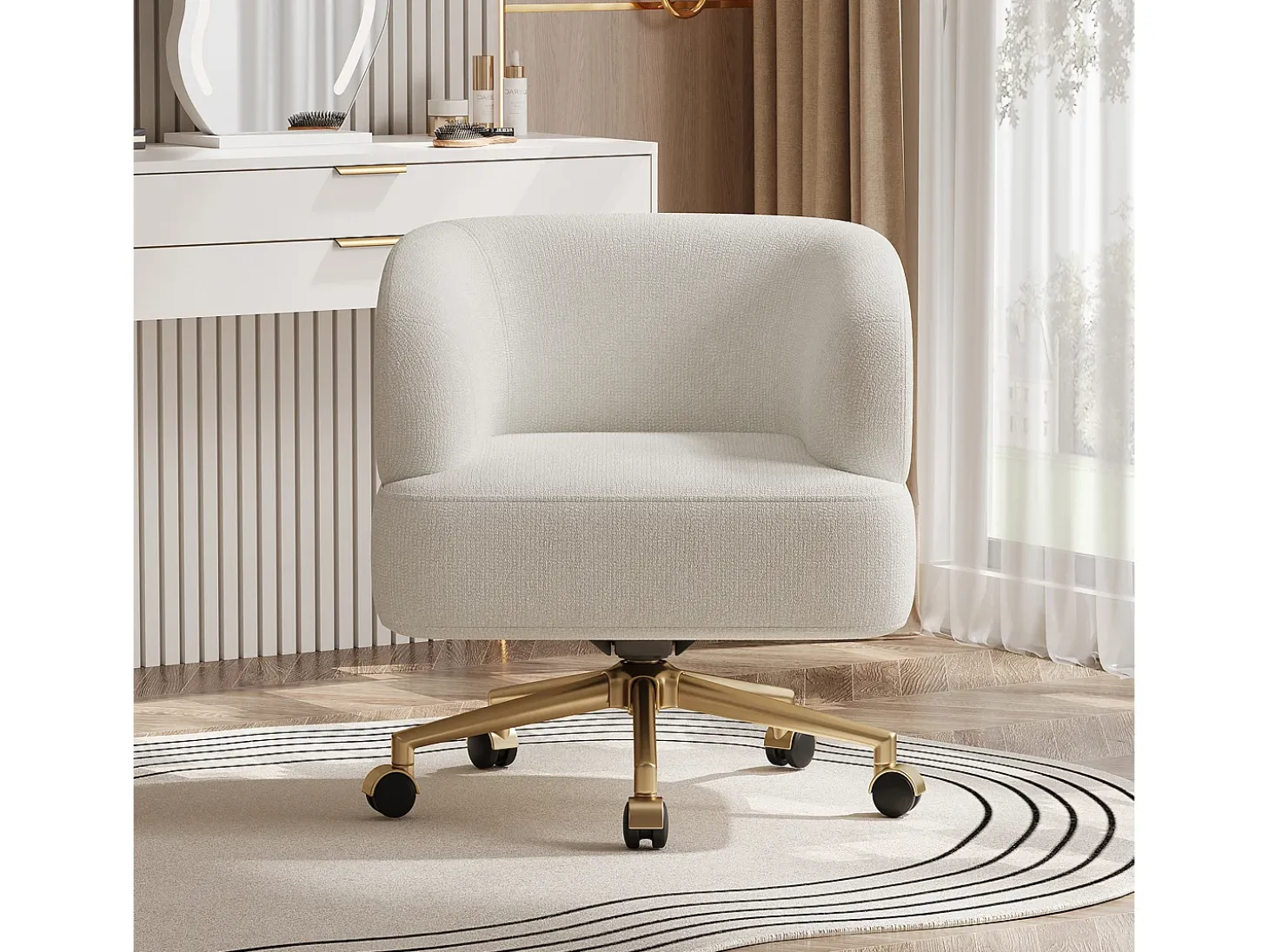 1 Silla en tela chenille - patas de metal dorado - rotación 360° - con 5 ruedas - Beige