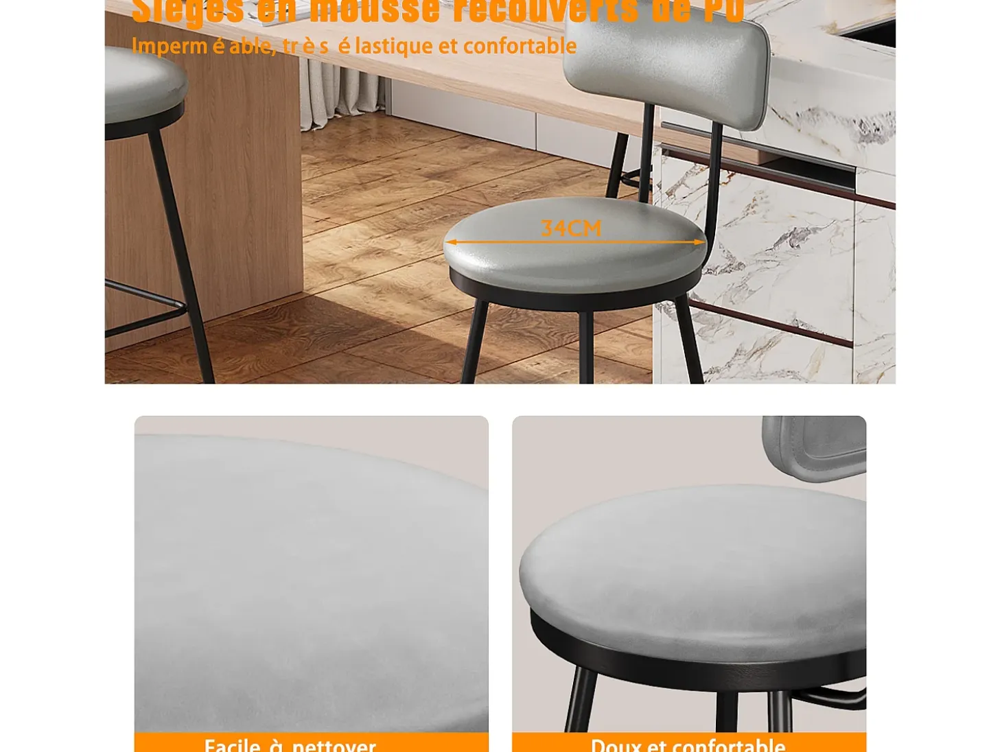4 sillas de bar grises con respaldo, estilo industrial, altura del asiento de 65 cm