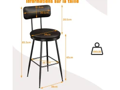 4 sillas de mostrador negras con respaldo, piel sintética, altura del asiento de 65 cm