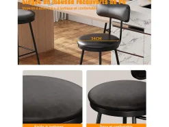4 sillas de mostrador negras con respaldo, piel sintética, altura del asiento de 65 cm