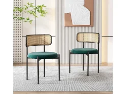 2 sillas en terciopelo y ratán - Patas de metal - Carga máxima 150 kg - 45×40×75 cm - Verde