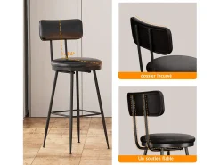 2 sillas negras de mostrador con respaldo, de piel sintética, altura del asiento de 65 cm, para cocina