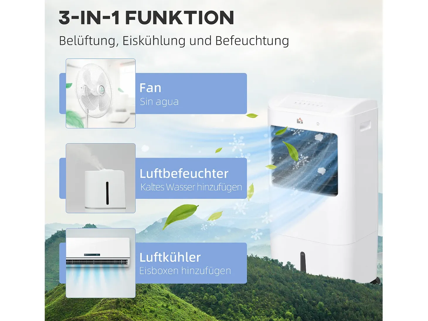 Aire acondicionado portátil 3 en 1 con función de enfriamiento y humidificación, 15 L, oscilación de 60°, control remoto, pantalla LED, para habitaciones de 20 m²