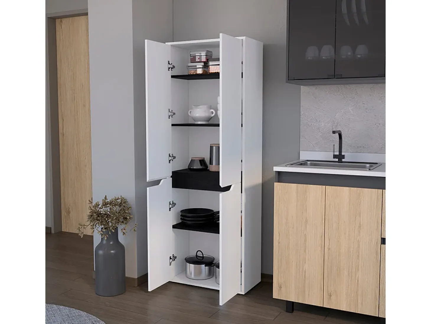 Alacena Herring en melamina con 4 puertas y 5 estantes , blanco , 170 cm X 60 cm X 30 cm