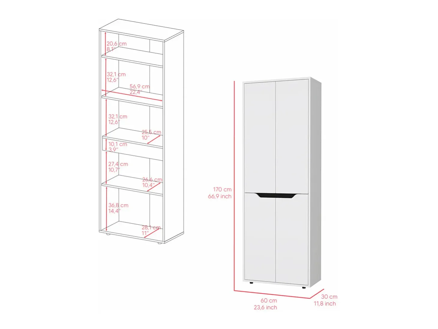 Alacena Herring en melamina con 4 puertas y 5 estantes , blanco , 170 cm X 60 cm X 30 cm