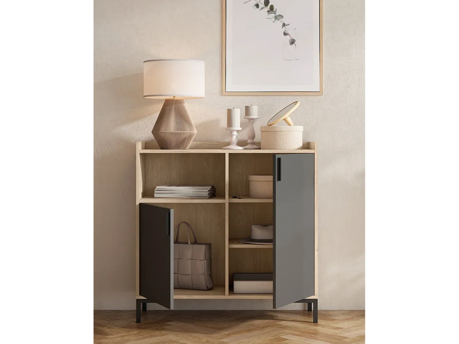 Aparador - A88cm x L90cm x P33cm roble claro puertas grafito - Dover