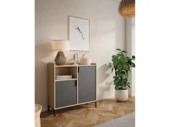 Aparador - A88cm x L90cm x P33cm roble claro puertas grafito - Dover