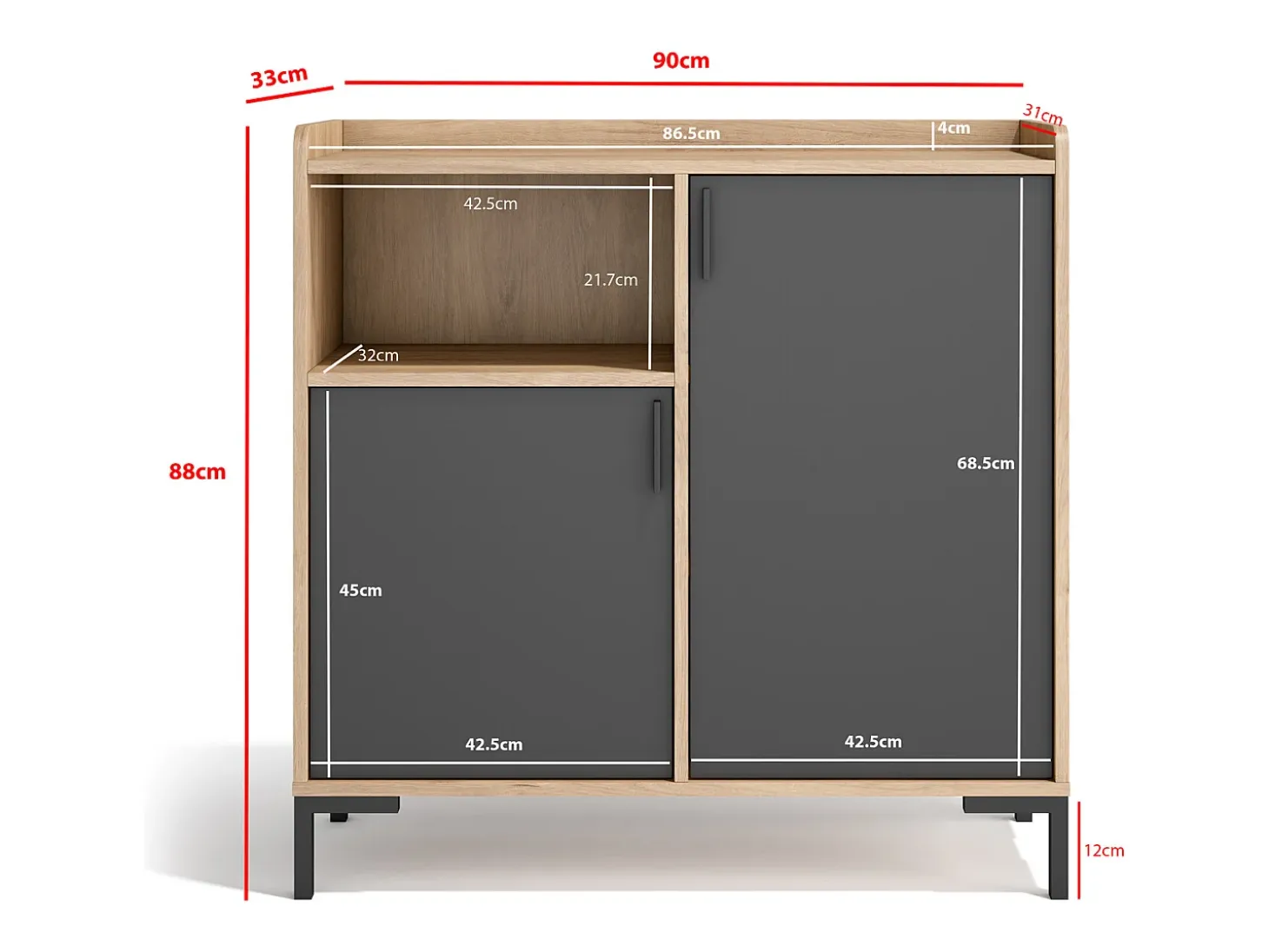 Aparador - A88cm x L90cm x P33cm roble claro puertas grafito - Dover