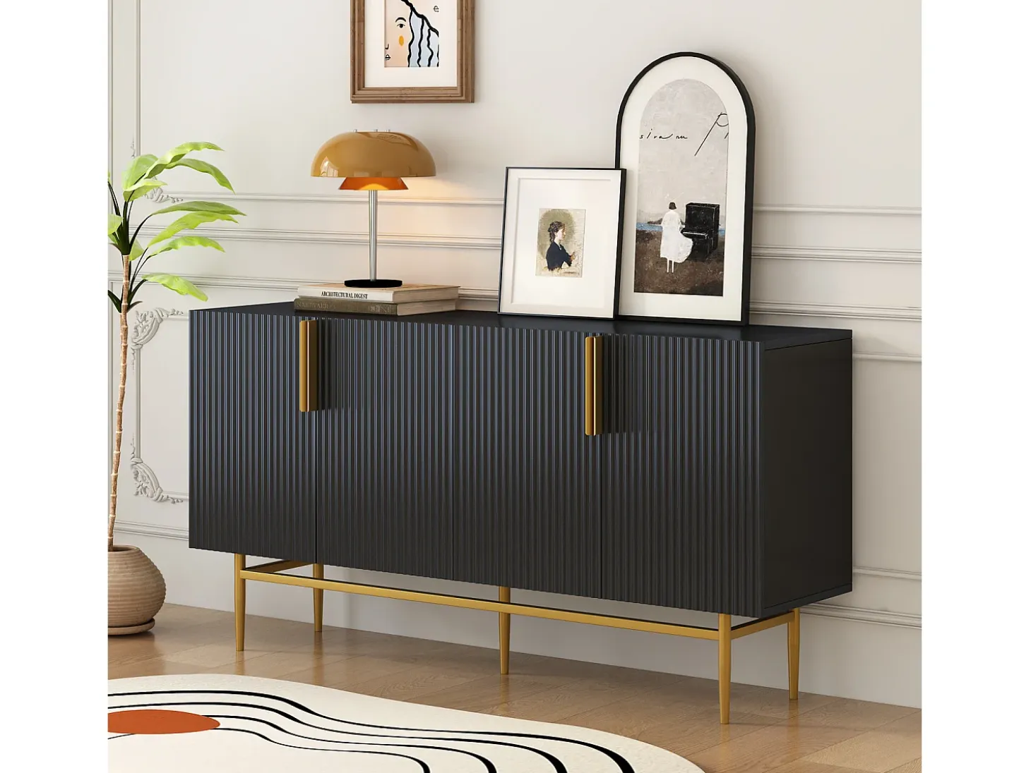 Aparador - DREAMMESPACE - 4 puertas - tirador y pie de metal dorado - 152x40x80cm - Negro