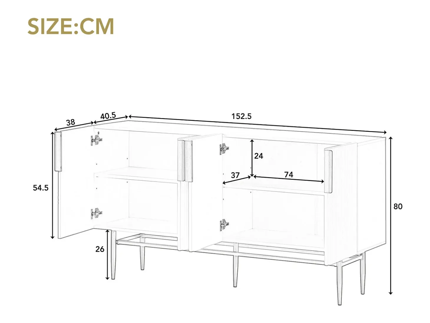 Aparador - DREAMMESPACE - 4 puertas - tirador y pie de metal dorado - 152x40x80cm - Negro