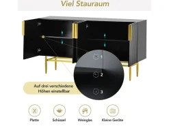 Aparador - DREAMMESPACE - 4 puertas - tirador y pie de metal dorado - 152x40x80cm - Negro