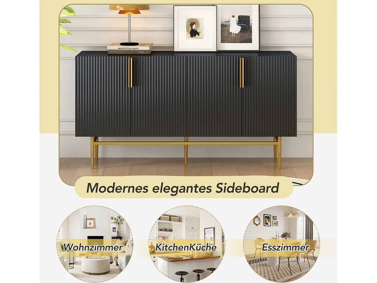 Aparador - DREAMMESPACE - 4 puertas - tirador y pie de metal dorado - 152x40x80cm - Negro