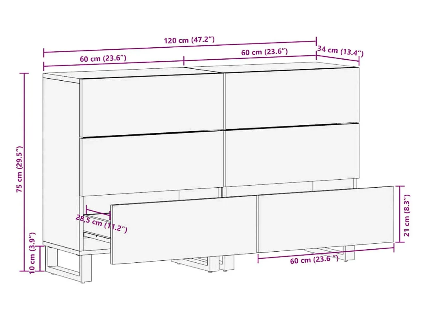 Aparador 2 piezas madera maciza acacia 60x34x75 cm