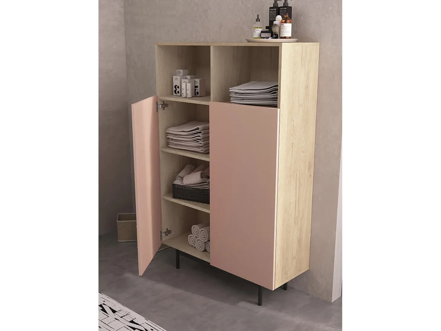 Aparador 2 puertas - A140cm x L90cm x F34cm - roble y rosa - Printed