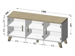 Aparador 3 puertas Colin, roble y negro mate, 150 cm