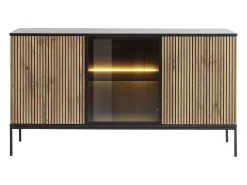 Aparador 3 puertas con luces LED en MDF y vidrio ahumado - Natural y Negro - OVILA