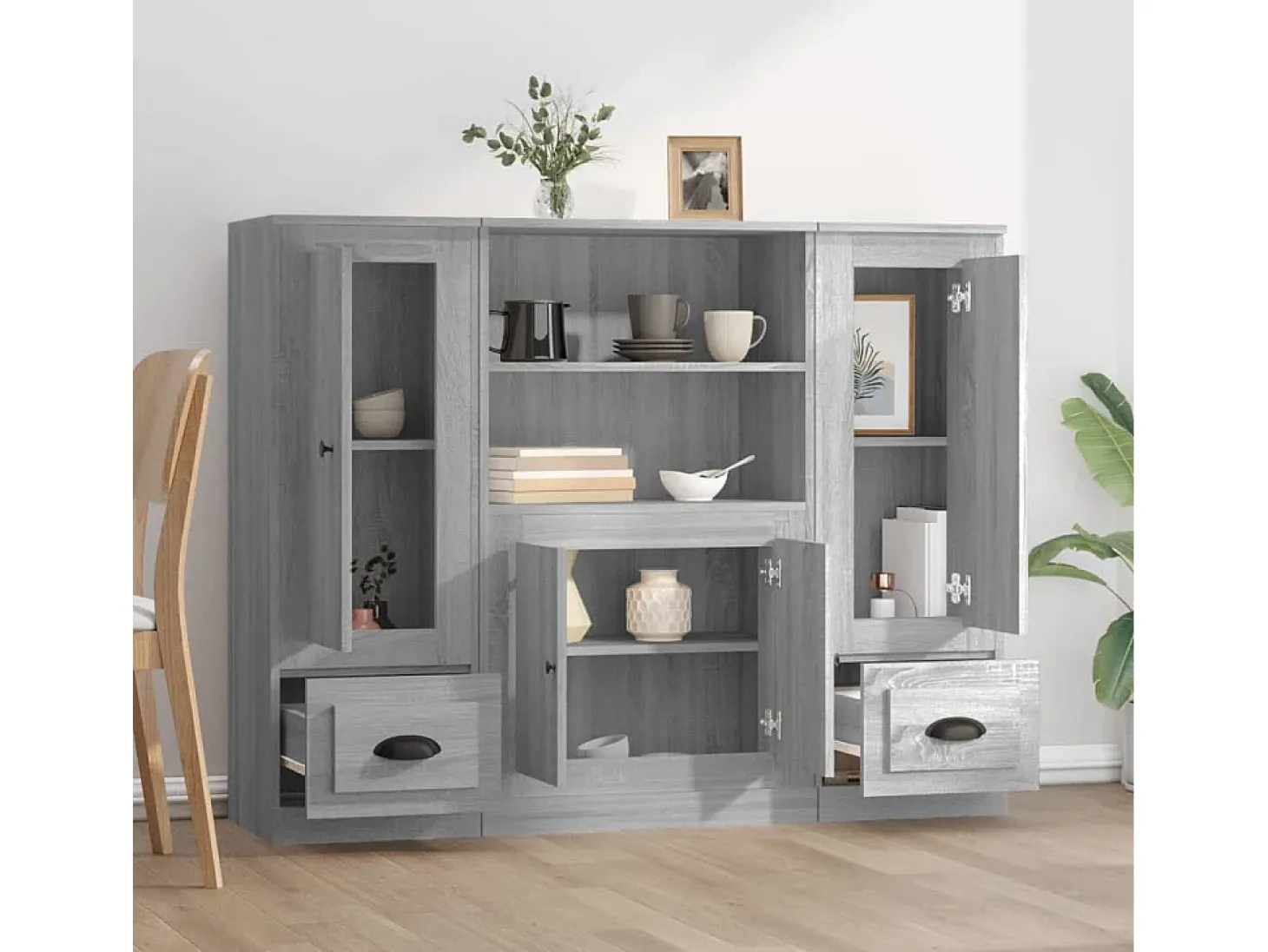Aparador alto 3 piezas madera contrachapada gris Sonoma