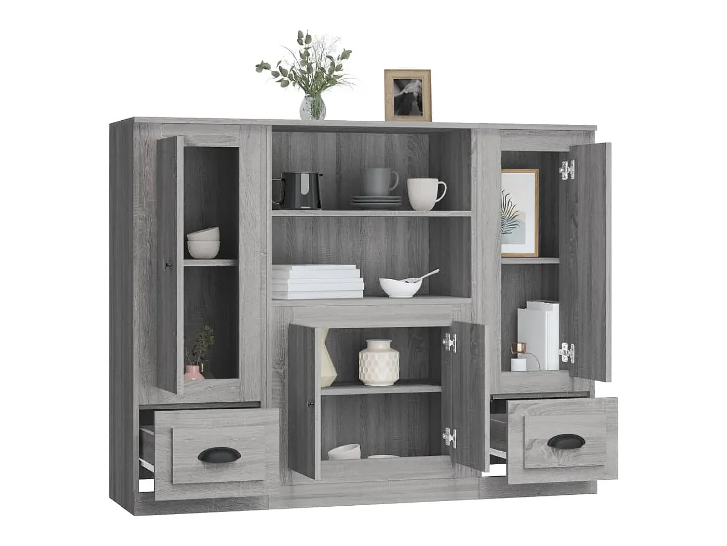 Aparador alto 3 piezas madera contrachapada gris Sonoma