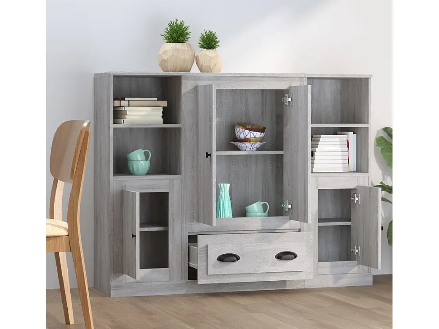 Aparador alto 3 piezas madera contrachapada gris Sonoma ES124924