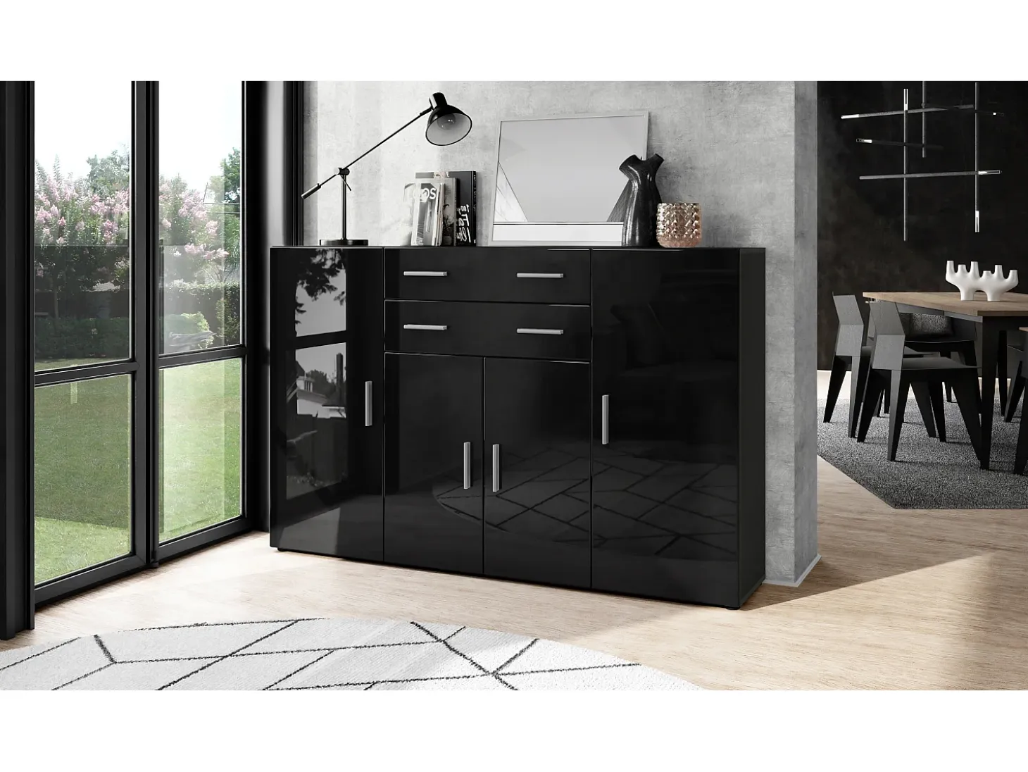 Aparador alto Aron con 2 cajones y 4 puertas con un total de 8 compartimentos detrás, antracita mate/negro de alto brillo (166,5 x 106,5 x 35 cm)