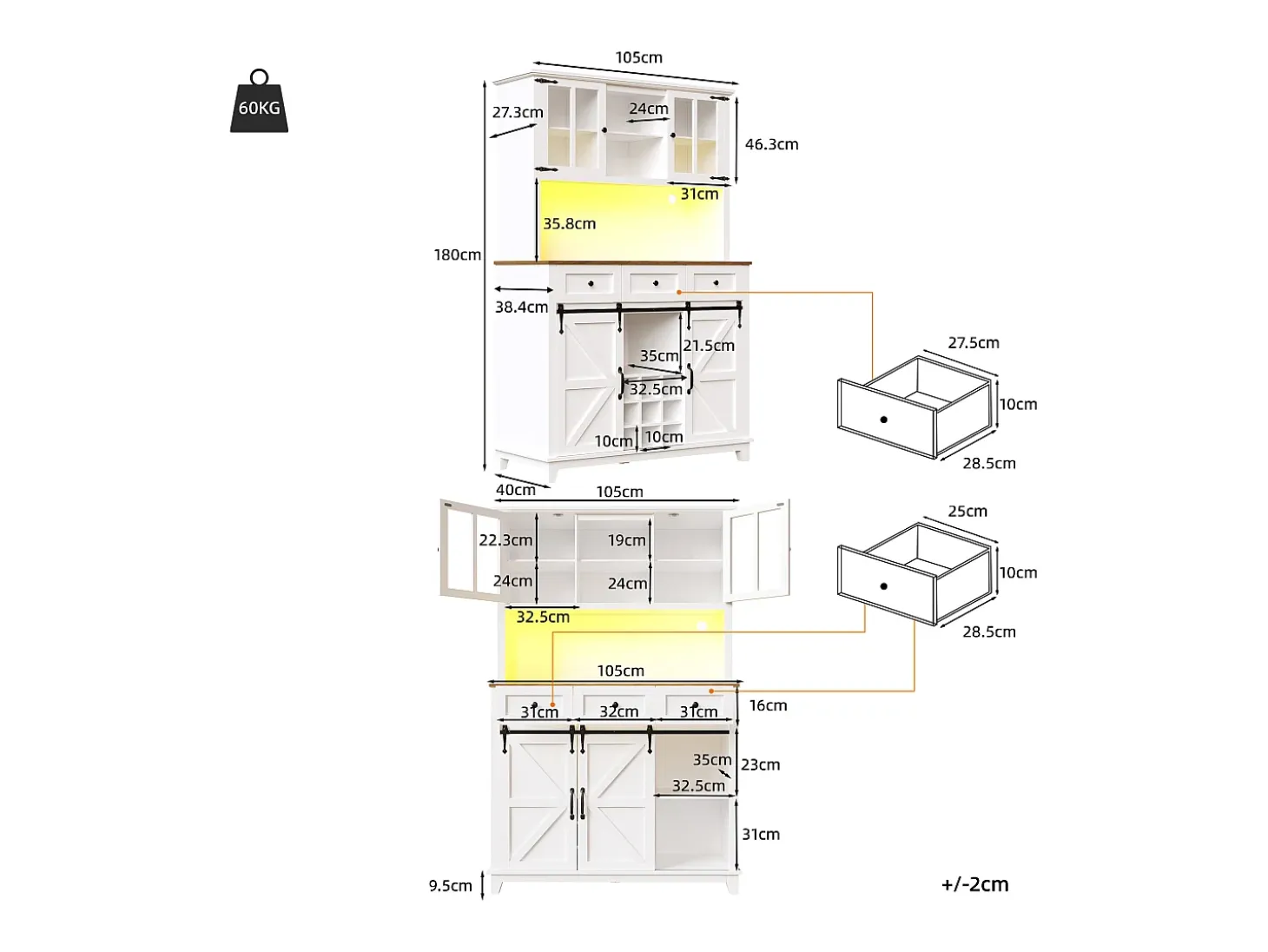 Aparador alto blanco - Aparador con 3 cajones y 4 puertas - Iluminación LED y almacenajeabierto - para cocina y salón