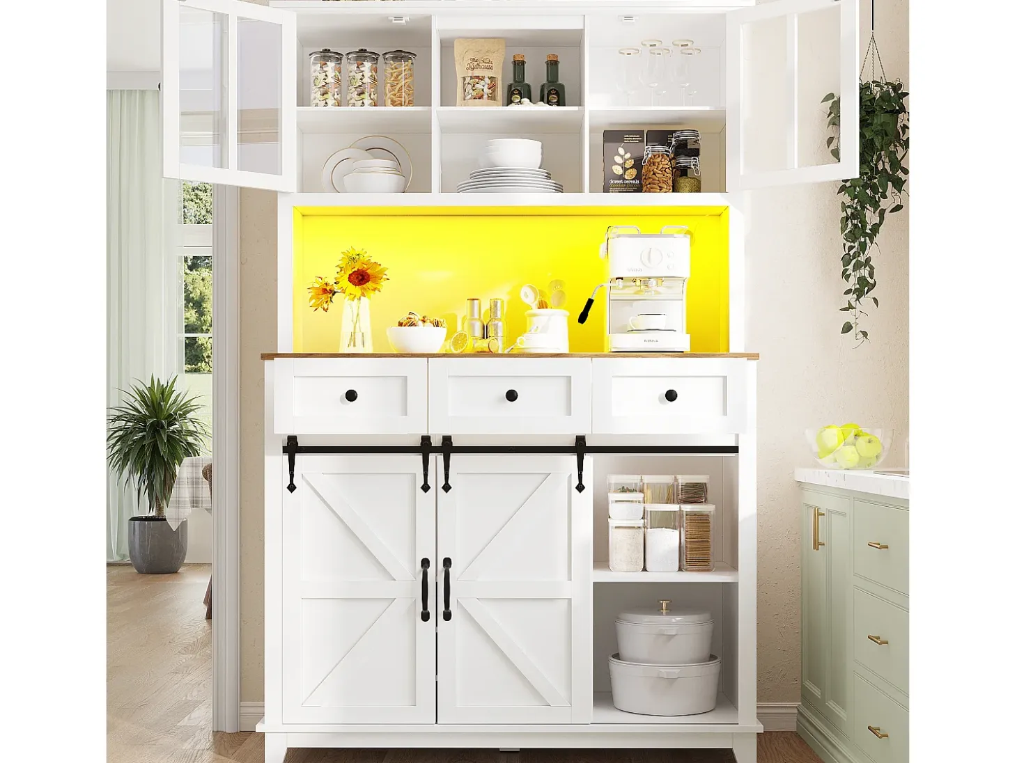 Aparador alto blanco - Aparador con 3 cajones y 4 puertas - Iluminación LED y almacenajeabierto - para cocina y salón