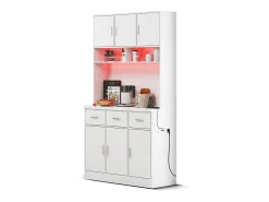 Aparador alto blanco - Aparador con 6 puertas y 3 cajones - Luz LED y carga USB - para cocina y comedor
