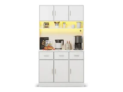 Aparador alto blanco - Aparador con 6 puertas y 3 cajones - Luz LED y carga USB - para cocina y comedor