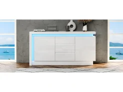 Aparador alto brillo - 140 x 35 x 72 cm - con 3 cajones + 2 puertas + LED + estantes regulables - aglomerado - blanco