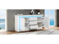 Aparador alto brillo - 140 x 35 x 72 cm - con 3 cajones + 2 puertas + LED + estantes regulables - aglomerado - blanco
