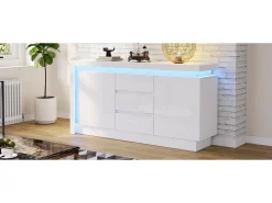 Aparador alto brillo - 140 x 35 x 72 cm - con 3 cajones + 2 puertas + LED + estantes regulables - aglomerado - blanco