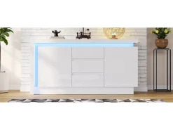 Aparador alto brillo - 140 x 35 x 72 cm - con 3 cajones + 2 puertas + LED + estantes regulables - aglomerado - blanco