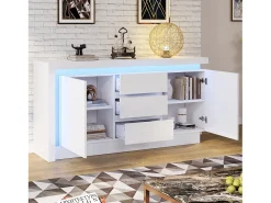 Aparador alto brillo - 140 x 35 x 72 cm - con 3 cajones + 2 puertas + LED + estantes regulables - aglomerado - blanco