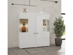 Aparador alto colección KOBEE con 2 puertas de vidrio y LED integrado. Color blanco y roble.