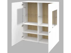 Aparador alto colección KOBEE con 2 puertas de vidrio y LED integrado. Color blanco y roble.