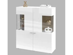 Aparador alto colección KOBEE con 2 puertas de vidrio y LED integrado. Color blanco y roble.