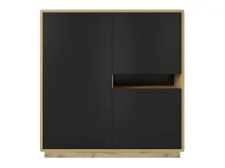 Aparador alto colección VILLA. Color roble y negro. 3 puertas y 1 nicho iluminado.