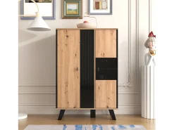 Aparador alto con 2 puertas - LEDs - Efecto cristal y madera - Vintage - Colores: roble y negro