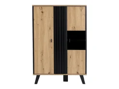 Aparador alto con 2 puertas - LEDs - Efecto cristal y madera - Vintage - Colores: roble y negro