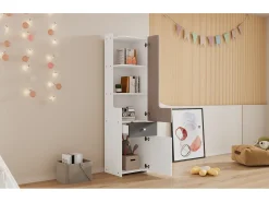 Aparador alto con 2 puertas batientes y cajón - madera MDF - color blanco + olmo claro + gris