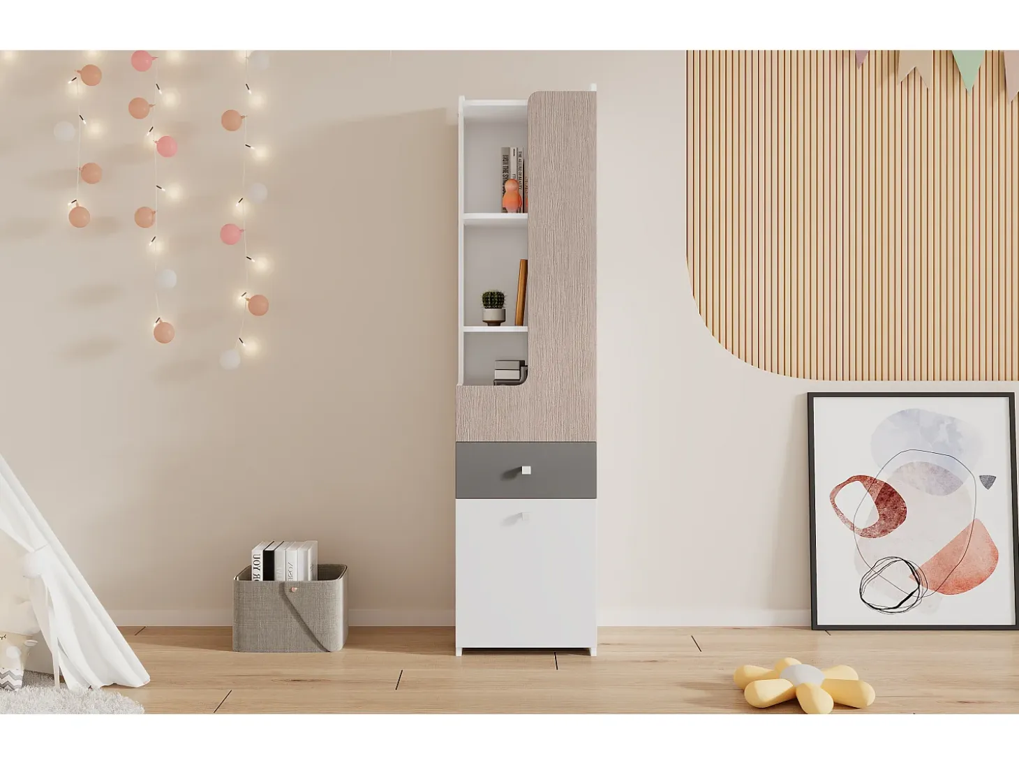 Aparador alto con 2 puertas batientes y cajón - madera MDF - color blanco + olmo claro + gris