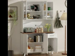 Aparador alto con 5 puertas, 1 cajón y compartimentos abiertos - 114 x 40 x 190 cm - Tablero de partículas - Blanco