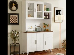 Aparador alto con 5 puertas, 1 cajón y compartimentos abiertos - 114 x 40 x 190 cm - Tablero de partículas - Blanco