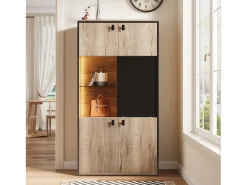 Aparador alto con acabado efecto madera - 77,8 x 36 x 150 cm - con puertas dobles + puertas correderas + LED - madera - natural