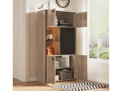 Aparador alto con acabado efecto madera - 77,8 x 36 x 150 cm - con puertas dobles + puertas correderas + LED - madera - natural