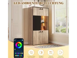 Aparador alto con acabado efecto madera - 77,8 x 36 x 150 cm - con puertas dobles + puertas correderas + LED - madera - natural