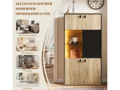 Aparador alto con acabado efecto madera - 77,8 x 36 x 150 cm - con puertas dobles + puertas correderas + LED - madera - natural